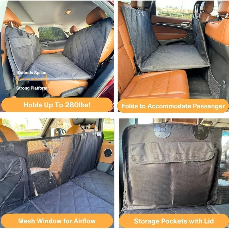 Car Seat Cover Waterproof Dog Car Seat Cover with Mesh Window and Storage Pockets Dogs Car Backseat Extender SUV Car Travel Bed